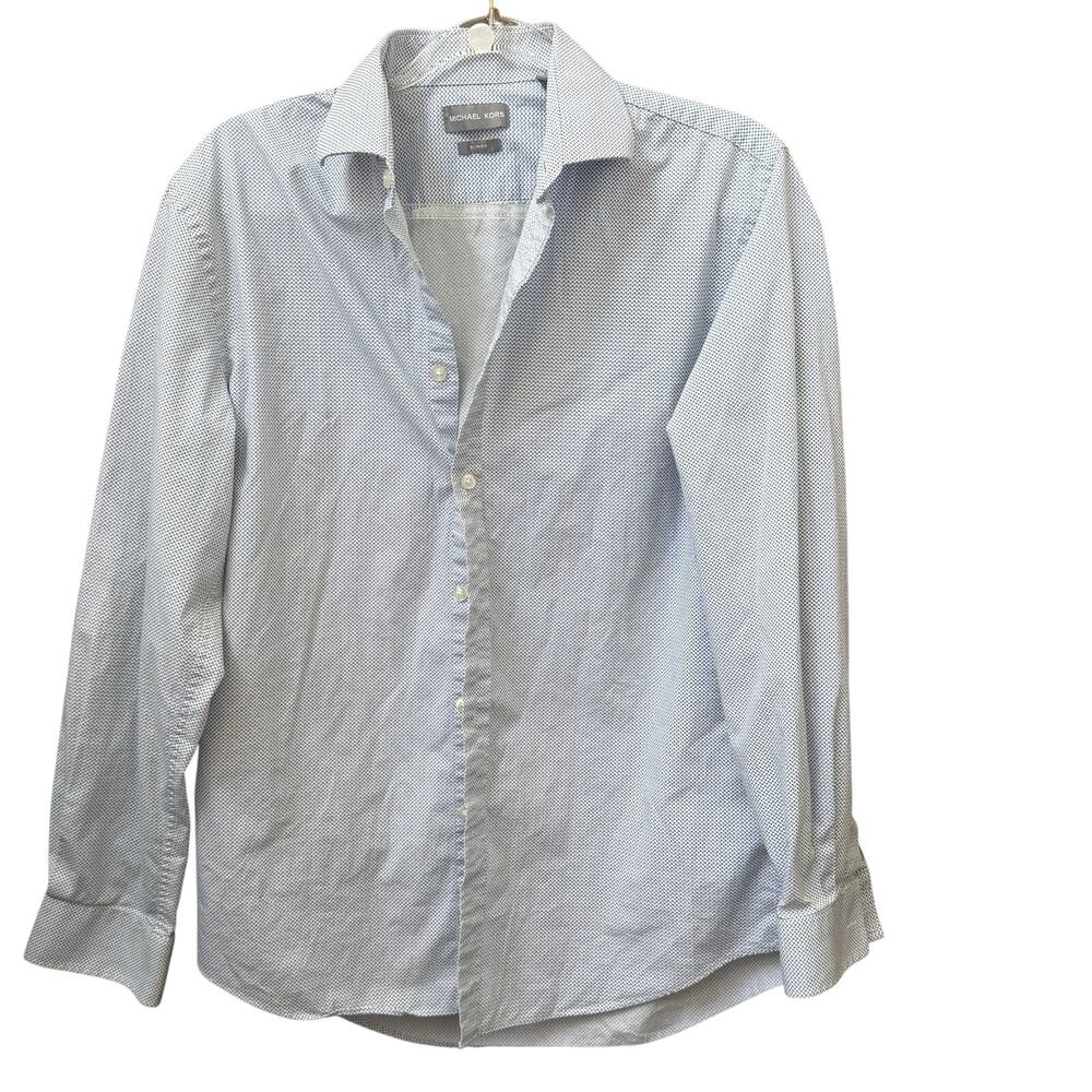 Michael Kors Mens Size 15.5 32/33 Slim Button Down Dress Shirt Blue Gray Pattern